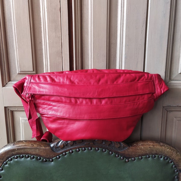 Red leather Crossbody bag, Intense red Sling bag, Nice red leather shoulder bag, Genuine red leather Xl Fanny Pack, One shoulder strap bag