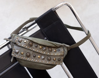 Designer leather sling bag, Embellished leather shoulder bag, Italian leather sling purse, Luxury women's bag, Olive green crossbody bag