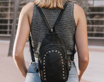 Silver Studded Mini Leather Backpack Black Leather, Small