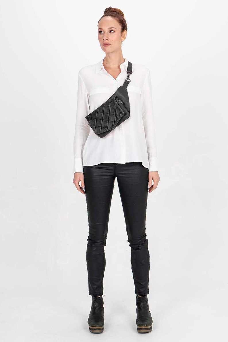 Leather Crossbody Bag in Black Leather Envelope Quilted Black Leather Fannypack Quilted Belt Bag in Black Leather Unique and Elegant