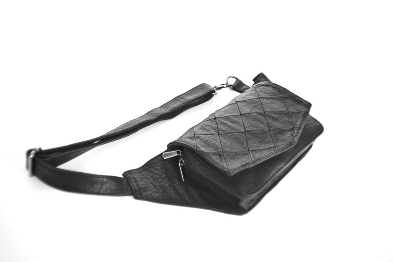 Leather Crossbody Bag in Black Leather Envelope Quilted Black Leather Fannypack Quilted Belt Bag in Black Leather Unique and Elegant