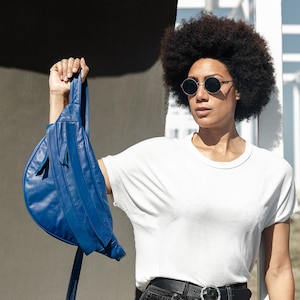 Oversized Bum Bag Blue Leather, Large Fanny Pack for Women, Large Sling Bag, Modern Urban Big Bum bag, Big fanny pack, Smooth Leather bumbag