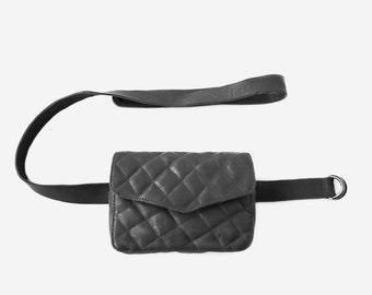 Chain small leather purse, quilted leather belt bag, chic travel belt black, chain purse fanny pack, black small bumbag, travel fancy belt
