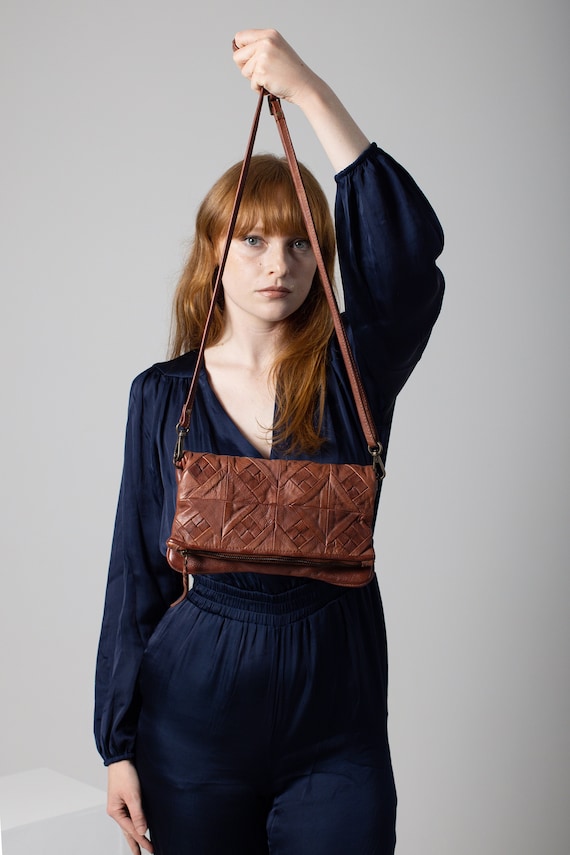 Handwoven Leather Folded Clutch: Tan Brown Shoulder Bag