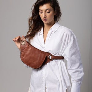 Natural Tan Slouchy Italian leather Crossbody sling belt Bag for women, Travel Sling bag cognac Brown Leather, Italian travel belt bag her image 7