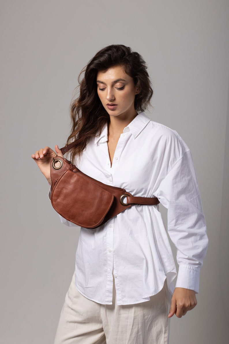 Natural Tan Slouchy Italian leather Crossbody sling belt Bag for women, Travel Sling bag cognac Brown Leather, Italian travel belt bag her image 7