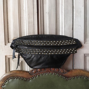 Riñonera de Piel Negra Extra Grande, Bandolera de Pie XL, Bandolera de Cuero Grande,  Bolso Cierres para fiestas, Cartera de viaje Piel