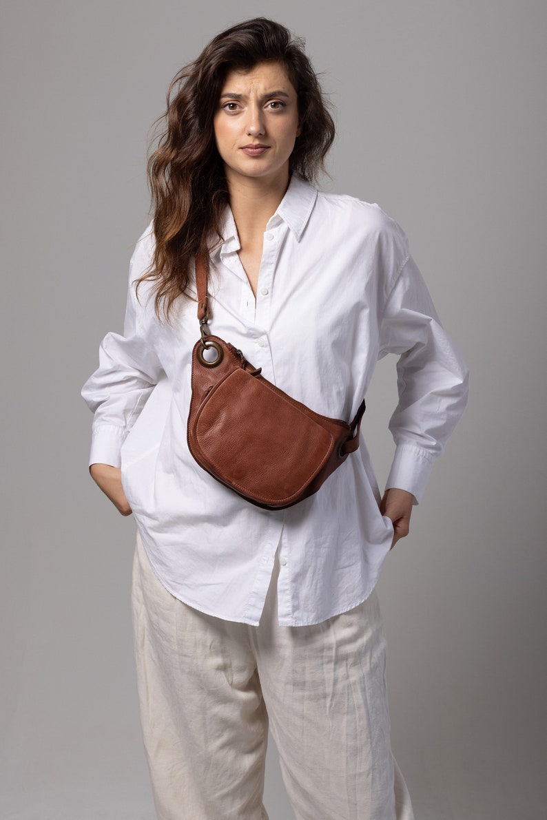 Natural Tan Slouchy Italian leather Crossbody sling belt Bag for women, Travel Sling bag cognac Brown Leather, Italian travel belt bag her image 8