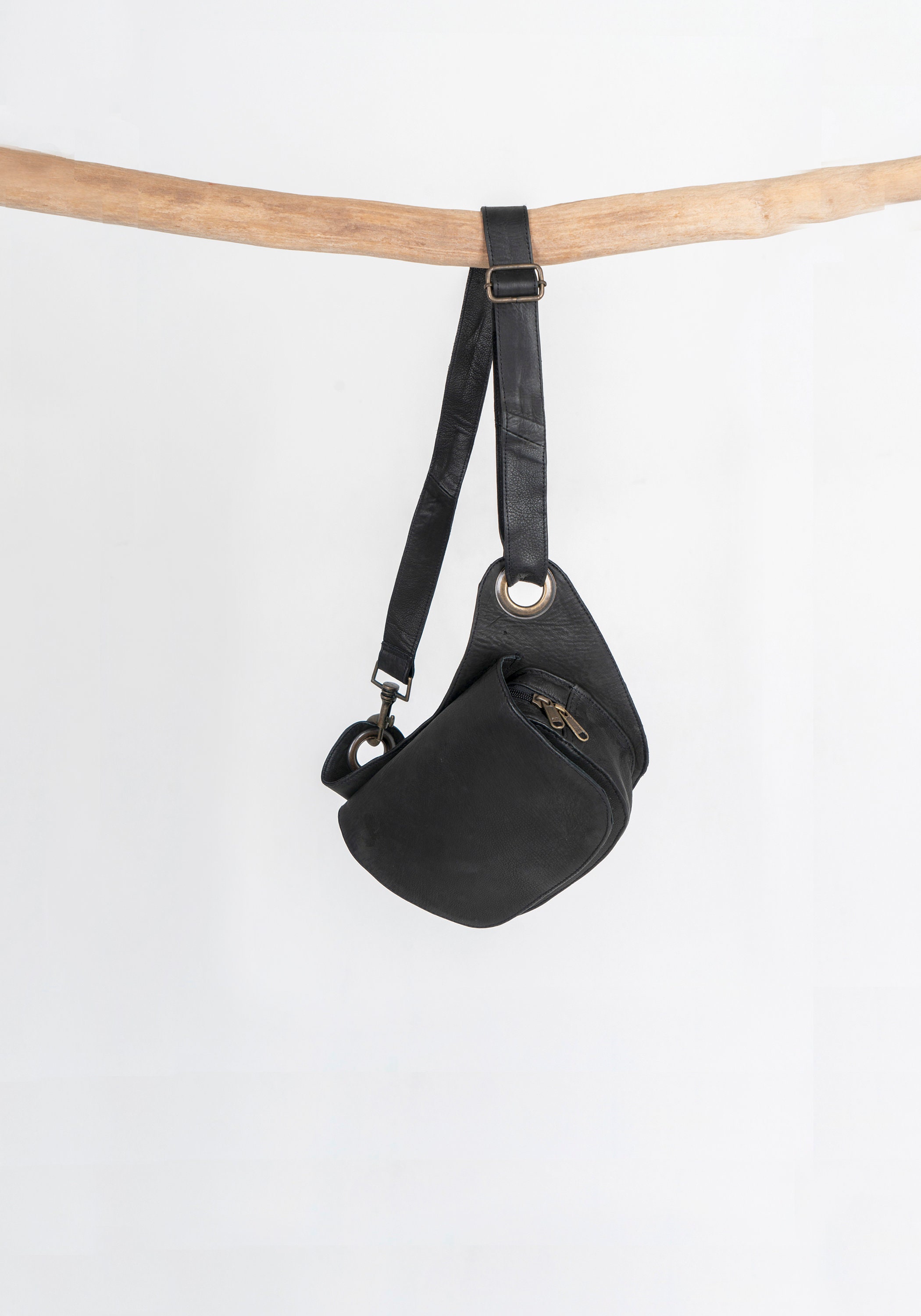 Handmade Black Leather Fanny Pack: Convertible Crossbody Belt Bag 