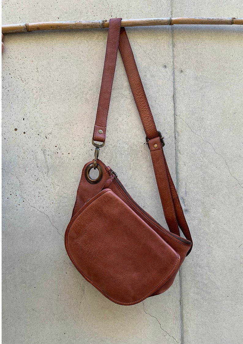 Natural Tan Slouchy Italian leather Crossbody sling belt Bag for women, Travel Sling bag cognac Brown Leather, Italian travel belt bag her image 3