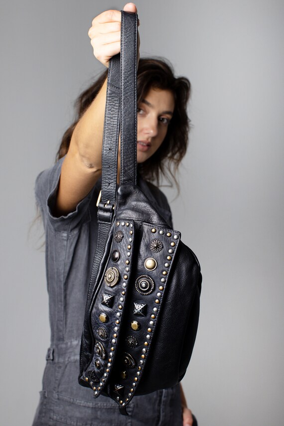 Womens Designer Shoulder Bag Embellished Antic Studs Black