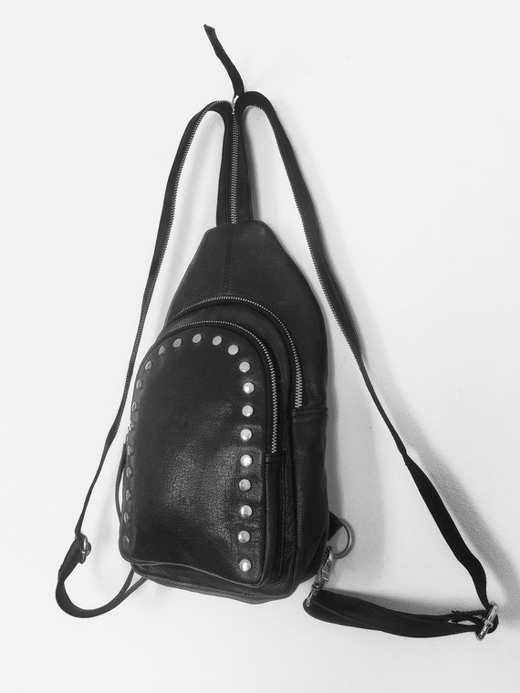 Silver Studded Mini Leather Backpack Black Leather, Small