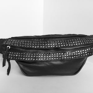 Women Studded Black Leather Shoulder Bags, Black leather studded festival fanny pack, Stud Crossbody Bag, Steampunk Leather Bags with Studs