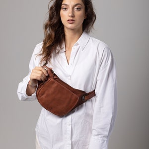 Natural Tan Slouchy Italian leather Crossbody sling belt Bag for women, Travel Sling bag cognac Brown Leather, Italian travel belt bag her image 9