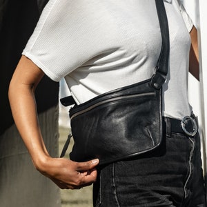 Leather Sling Bag, Cross Body Bag long strap, Leather Shoulder Bag, Women Shoulder Bag, Belt Bag Leather, Crossbody Purse Black, Belly Bag image 5