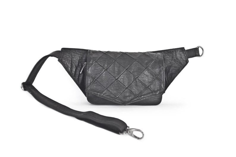 Leather Crossbody Bag in Black Leather Envelope Quilted Black Leather Fannypack Quilted Belt Bag in Black Leather Unique and Elegant