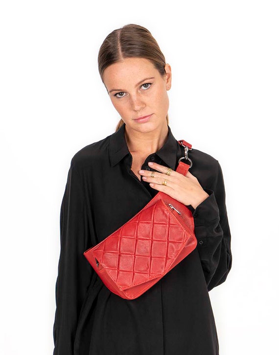 Red Leather Quilted Belt Bag Formal Leather Fanny Pack 