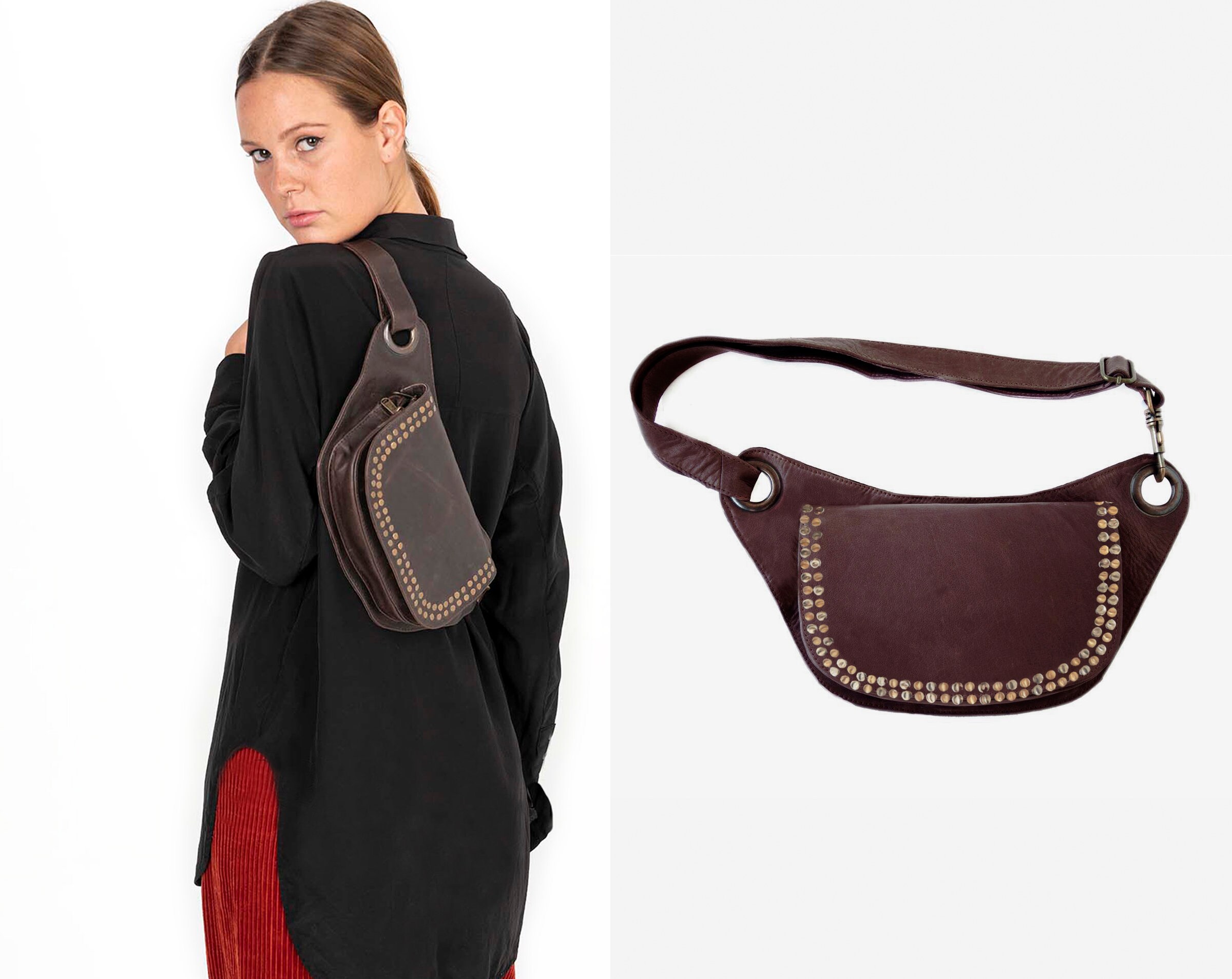 Studded Brown Leather Waist Bag - Woman Dario Lario Studded Rusty Brown Leather Waist Pouch  main image 2