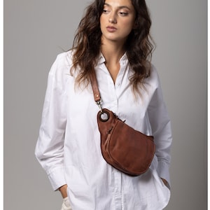 Natural Tan Slouchy Italian leather Crossbody sling belt Bag for women, Travel Sling bag cognac Brown Leather, Italian travel belt bag her image 10