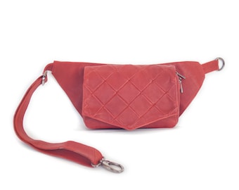 Red Leather Quilted Belt Bag, Formal Leather Fanny pack, Leather Crossbody Purse, Red Sling Pack, Bum Bag Red leather, Elegant Bum Bag Women