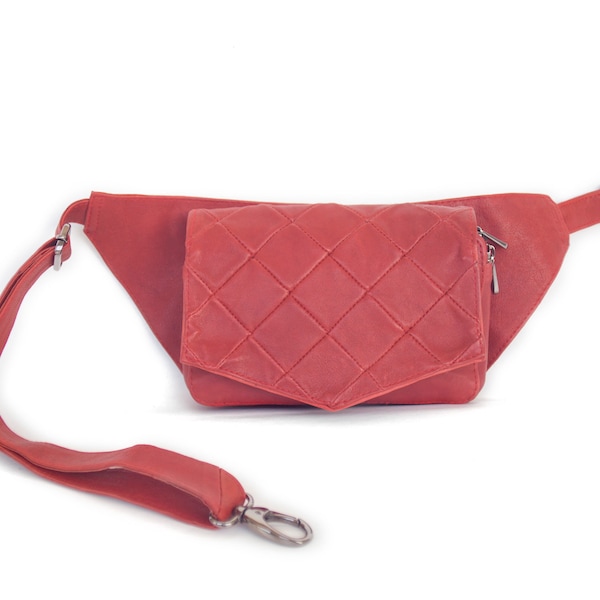 Gürteltasche Rot, Ledergürteltasche, Rote Ledergürteltasche, Leder Hüfttasche, Reise Tasche, Gürtel Damen, Bauchtasche Damen, Quilted Tasche