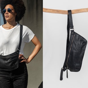 Leather Sling Bag, Cross Body Bag long strap, Leather Shoulder Bag, Women Shoulder Bag, Belt Bag Leather, Crossbody Purse Black, Belly Bag image 1