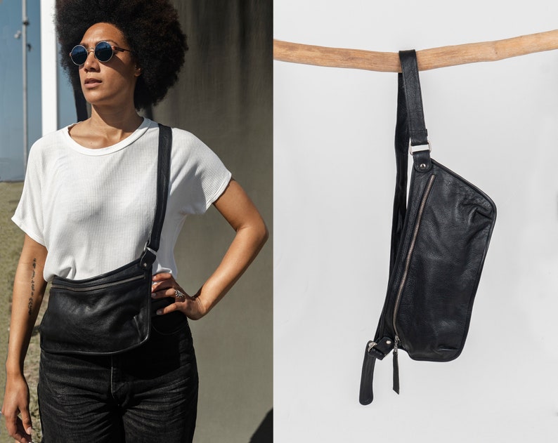 Leather Sling Bag, Cross Body Bag long strap, Leather Shoulder Bag, Women Shoulder Bag, Belt Bag Leather, Crossbody Purse Black, Belly Bag image 1