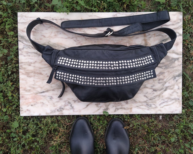 Studded Black Leather Hobo Bag: Edgy Urban Crossbody Sling Bag