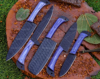 Hand Forged Steel Chef Knife Set, Powder Coated Blades, Ergonomic Handles with free leather sheath.