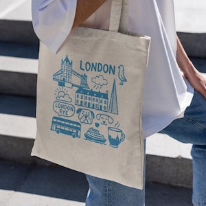 London Canvas Tote Bag, Iconic London Landmarks Print, Travel Souvenir, Book Bag, Gift for London Lovers