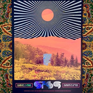 May include: A poster with a surreal landscape design. The top features a sunburst pattern with a circular orange sun. The bottom half shows a mountain scene with trees and yellow flowers. The poster includes the text "STS9" and event dates.