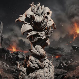 May include: A detailed, gray fantasy sculpture of a creature with a floral head and a twisted, tree-like body. The sculpture is approximately 6 inches tall and rests on a base with intricate details. The background shows a volcanic landscape.