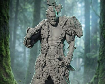 Forest Warlord Miniature, Barbarian Chieftain, Tribal Beast Hunter, Rugged Warrior RPG Mini, DnD Character 28mm 32mm 54mm 75mm 6 Inch