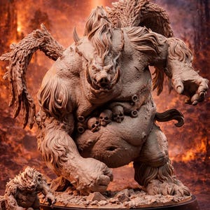 May include: A detailed, beige-colored Infernal Warboar Brute miniature statue. The statue is 6 inches tall and features a muscular, boar-like creature with intricate fur and skull details. Includes a smaller version of the creature. Text on the image reads: 32mm • 75mm • 6" Statue.