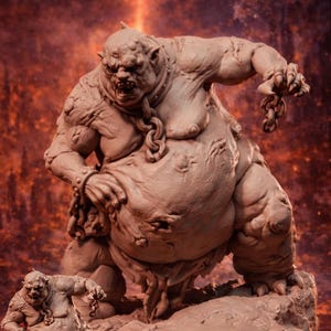 May include: A detailed miniature statue of a Gluttonous Pit Tyrant, a monstrous figure with chains, in a brown color scheme. The statue is 6 inches tall, with smaller versions also present. The text at the bottom reads "Gluttonous Pit Tyrant Miniature."