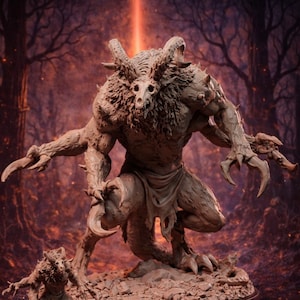 Puede incluir: Una detallada estatua en miniatura de Graveborn Wendigo, de aproximadamente 15 cm de altura, con un diseño de criatura cornuda y aterradora. La estatua presenta detalles intrincados y una superficie texturizada, sobre un fondo borroso y ardiente. La base es de 32 mm y 75 mm.