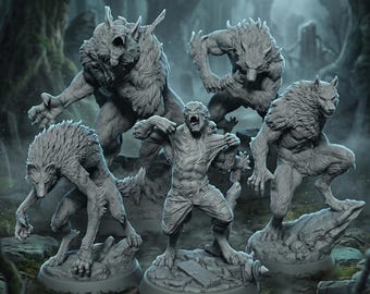 Werewolf Pack Miniatures 5 Pack 32mm Wolfmen Set DnD Monsters Lycanthrope Figures RPG Tabletop Army Bundle 28mm 75mm 6in