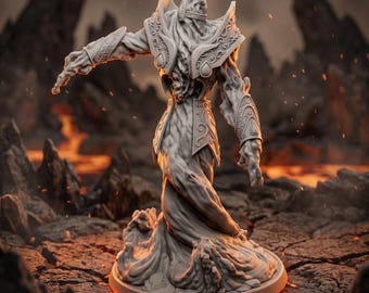 May include: A gray, detailed fantasy miniature of a humanoid figure with ornate armor and a flowing, textured lower body. The figure stands on a circular base, with a fiery background. The miniature is approximately 6 inches tall.