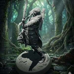 May include: A detailed figurine of an archer in a dynamic pose, drawing a bow. The figure is clad in detailed armor and a cloak, with a quiver of arrows on their back. The base is approximately 6 inches in diameter, with measurements in millimeters also visible.