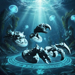 May include: An artistic rendering of several crab-like sculptures submerged in water, with jellyfish and ancient ruins in the background. The sculptures are light blue and detailed, with large claws and textured surfaces. The scene is illuminated by beams of light.