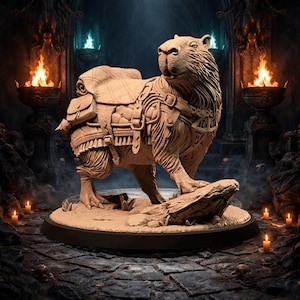 May include: A detailed, tan-colored miniature of a capybara, sculpted with intricate detail, wearing a saddle and pack. The figure is set on a round base, with the "Midgard Miniatures" logo at the bottom. The background features a dark, gothic-style setting with flames.