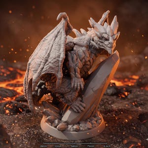 May include: A light gray dragon figurine with textured, rock-like scales and large wings, perched on a jagged crystal formation. The base includes a scale with markings at 28mm, 32mm, 54mm, 75mm, and 6 inches for size reference.