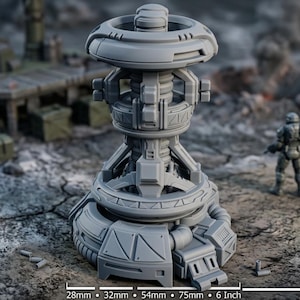Puede incluir: Una miniatura de generador de energía de ciencia ficción gris y sin pintar, con un núcleo cilíndrico, una base circular ancha y una estructura de anillo superior. El objeto se muestra con una escala de 28mm, 32mm, 54mm, 75mm y 6 pulgadas.