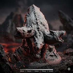 Puede incluir: Escultura de un perro de tres cabezas con bocas abiertas y dientes afilados. La escultura gris está sobre una base rocosa con una pequeña estructura. La imagen incluye medidas: 28 mm, 32 mm, 54 mm, 75 mm y 15,24 cm.