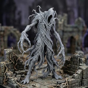 May include: A gray resin tabletop gaming miniature depicting a tall, hooded spectral figure with elongated clawed hands. The creature's tattered, flowing robes are integrated with multiple small, screaming skull faces throughout the fabric.