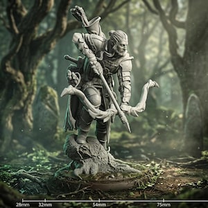 May include: A grey resin miniature figure of an archer standing on a tree stump base. The figure wears detailed armor, has a quiver of arrows on the back, and holds a recurve bow. A scale at the bottom shows measurements from 28mm to 6 inches.