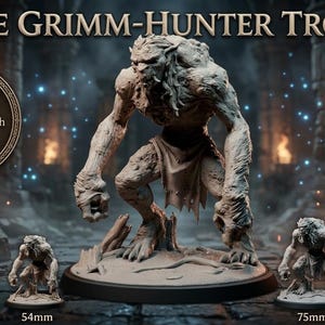 Puede incluir: Imagen detallada de una miniatura de juego de rol de mesa, el Grimm-Hunter Troll. La figura es de color gris claro, con una musculatura imponente y una expresión amenazante. Se muestran varios tamaños: 28mm, 32mm, 54mm, 75mm y 6 pulgadas. El texto dice "THE GRIMM-HUNTER TROLL".