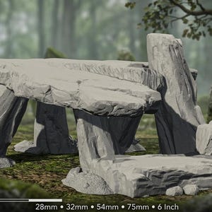 May include: A gray stone-like miniature terrain structure featuring a flat elevated platform supported by jagged pillars and a smaller adjacent base. A scale bar at the bottom indicates dimensions of 28mm, 32mm, 54mm, 75mm, and 6 inches.