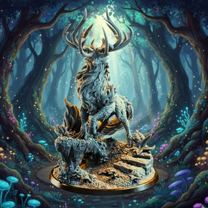 May include: A detailed sculpture of a stag with large antlers, standing on a rocky base. The statue is a light gray color and set against a backdrop of a mystical forest with glowing lights and colorful flora. The artwork has a fantasy theme.