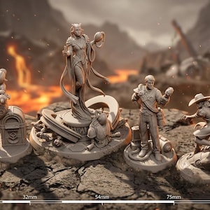 May include: A set of grey miniature figurines depicting various characters. The collection includes a female figure with flowing hair, a figure with a jukebox, a man in uniform, and a woman in a hat. The figures are set against a blurred, fiery background.